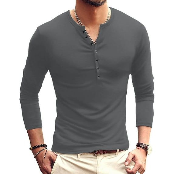 COSFO Long Sleeve Men Shirt Gray Casual Henley Button Pullover Mens T Shirts