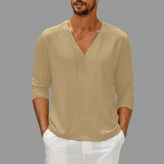 COSFO Long Sleeve Men Shirts V-Neck Yellow Casual Solid Pullover Tee Shirts Mens