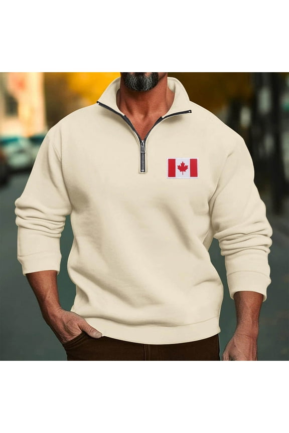 Long Sleeve Men's Sweatshirts Pullover Collared Canadian Flag Quarter Zip Shirts Patriotic Embroidered Regular Fit Mens Shirts Casual