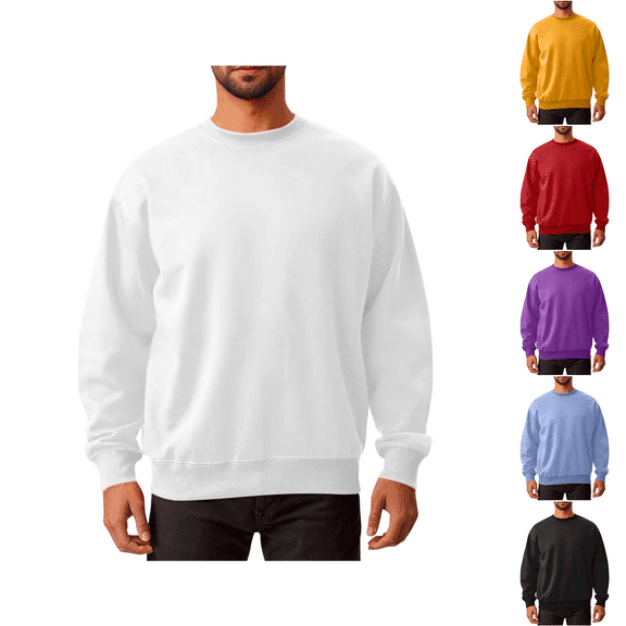 COSFO Long Sleeve Men's Sweatshirts White Solid Athletic Crew Neck Top Pullover Relaxed Fit Workout Sweatshirts