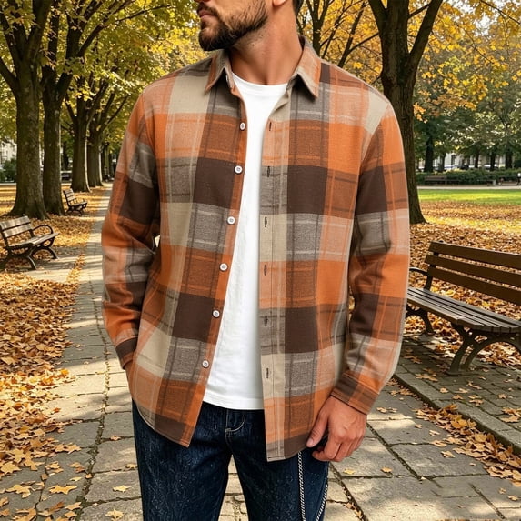 COSFO Long Sleeve Mens Button Up Shirt Plaid Casual Fall Jacket Shirt Collared Lightweight Loose Fit Mens Shirts