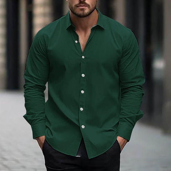 COSFO Long Sleeve Mens Shirts Casual Solid Collared Tops Regular Button Down Shirts