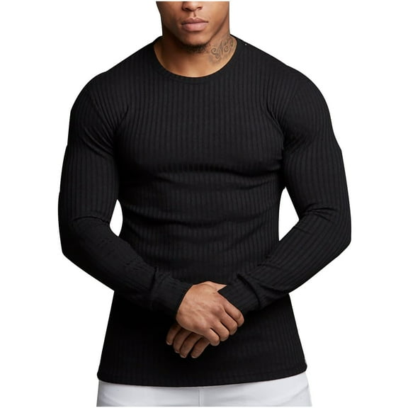 COSFO Long Sleeve Mens Shirts Crew Neck Black Casual Pullover Slim Solid Mens T Shirts