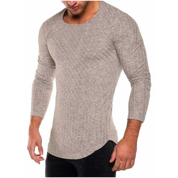 COSFO Long Sleeve Mens Shirts Crew Neck Yellow Casual Pullover Ribbed Solid Tee Shirts Mens