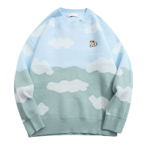 COSFO Long Sleeve Mens Sweaters for Cold Weather Knit Blue Crew Neck Cow Sweaters Drop Shoulder Men Pullover Sweater