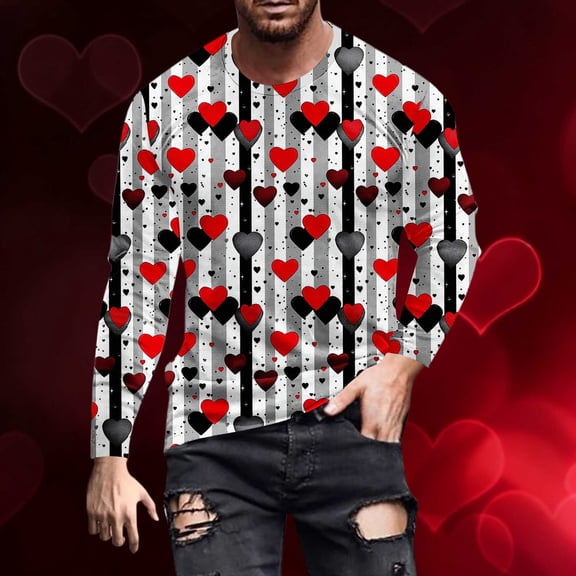 COSFO Long Sleeve Shirts for Men Casual Valentine's Day Crewneck Love Heart Tops Loose Fit Pullover Workout Mens Graphic Tees