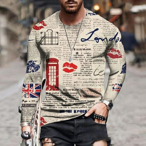 COSFO Long Sleeve Shirts for Men Crew Neck Casual Beige Pullover Graffiti T Shirts for Man