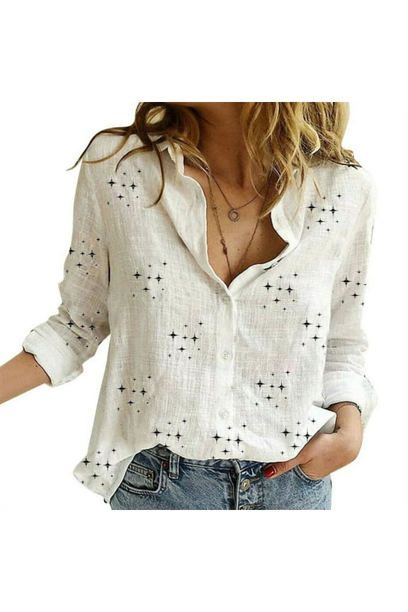 Long Sleeve Shirts for Women White V-Neck Top Star Cotton Linen T-Shirts Tops for Women