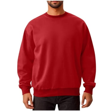 COSFO Long Sleeve Sweatshirt Men Red Crew Neck Solid Athletic Top Relaxed Fit Pullover Workout Sweatshirts