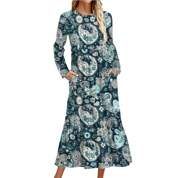 COSFO Long Sleeve Womens Fall Dresses 2024 Vintage Blue Crew Neck Casual Midi Dresses A-Line Flowy Dresses