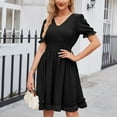 thumbnail image 1 of COSFO Long Sleeve Womens Fall Dresses Black Solid V-Neck Casual Midi Dress Flowy A-Line Elastic Wais Boho Dress, 1 of 6