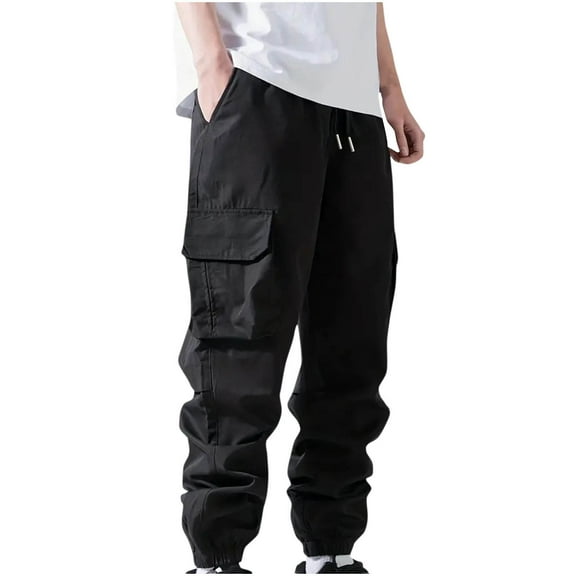 COSFO Loose Men's Sweatpants with Pockets Full Carpenter Black Workwear Drawstring Solid Elastic Waist Mens Pants