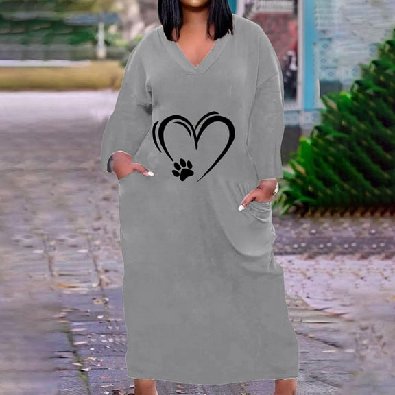 COSFO Love Heart Fall Dresses for Women Long Sleeve Gray V-Neck Casual Midi Dresses A-Line Loose Fit Plus Size with Pockets Dresses