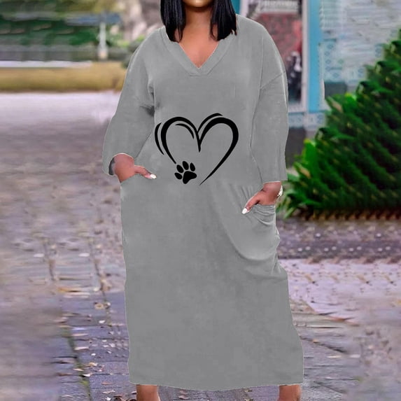 COSFO Love Heart Fall Dresses for Women Long Sleeve Gray V-Neck Casual Midi Dresses A-Line Loose Fit Plus Size with Pockets Dresses