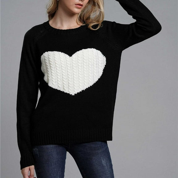 COSFO Love Heart Light Weight Sweaters for Women Casual Long Sleeve Crew Neck Black Knit Tops Women Drop Shoulder Sweaters Pullover Tops Outfits