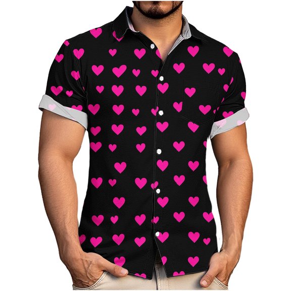 COSFO Love Heart Mens Button Down Shirt Valentine's Day Short Sleeve Tops with Pocket Funny Collared Loose Fit Mens Shirts