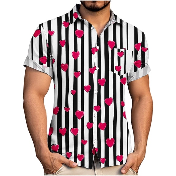 COSFO Love Heart Mens Short Sleeve Button Down Shirts Valentine's Day Tops with Pocket Funny Collared Classic Fit Mens Shirts