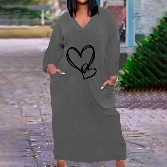 COSFO Love Heart Womens Dresses Gray Long Sleeve Casual V-Neck Midi Dresses A-Line Plus Size with Pockets Loose Fit Dresses