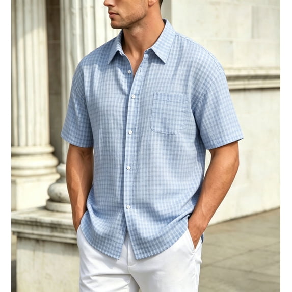 COSFO Men Button Down Shirt Short Sleeve Cotton Plaid Summer Shirts Loose Fit with Pocket Collared Casual Tops