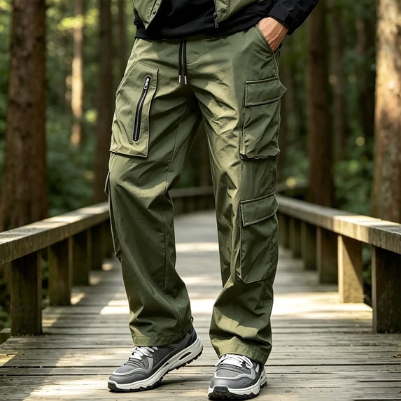 COSFO Men Cargo Pants Tactical Waterproof 6 Pockets Hiking Pants Relaxed Fit Drawstring Straight Leg Work Solid Mens Pants