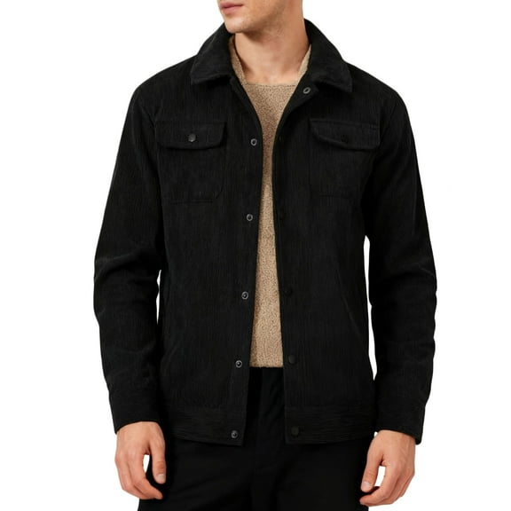 COSFO Men Corduroy Jacket Solid Work Black Shirt Jacket Collar Warm Long Sleeve Button Down Loose Fit Mens Coat