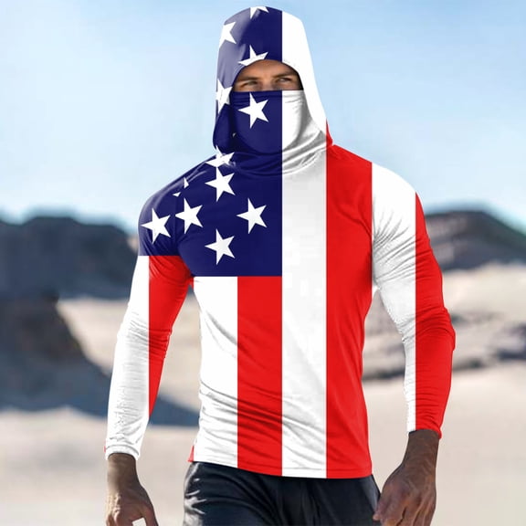 COSFO Men Hoodies American Flag Long Sleeve Workout Casual Tops with Mask Sunscreen Loose Fit Pullover Hooded Mens Shirts