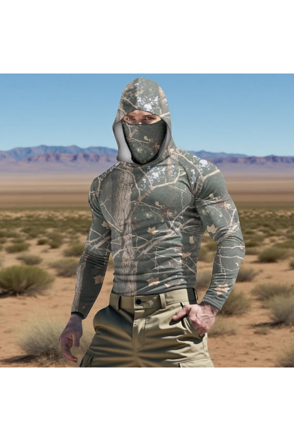 Men Hoodies Athletic Camouflage Pullover Ice Silk Sun Protection Tops with Face Mask Hooded Slim Fit Quick Dry Long Sleeve Shirts Men