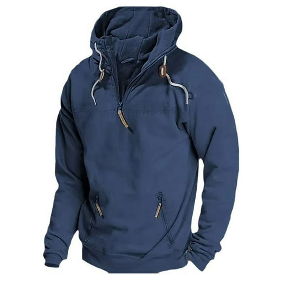 COSFO Men Hoodies Fleece Blue Quarter Zip Athletic Hooded Sweatshirts Drawstring Pullover with Pocket Slim Fit Long Sleeve Men Shirts