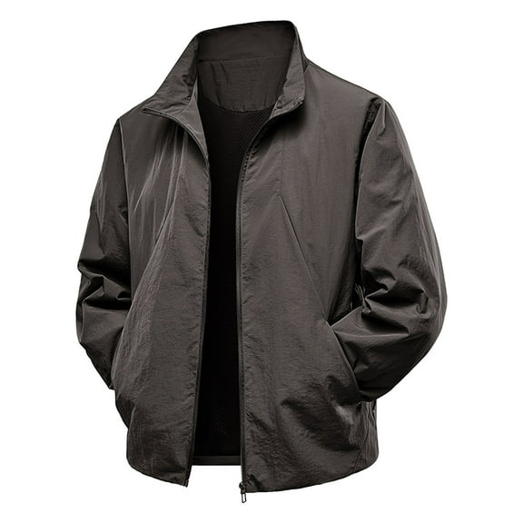 COSFO Men Jacket Zip Up Lightweight Brown Casual Coat Collar Loose Fit Long Sleeve with Pockets Mens Coats