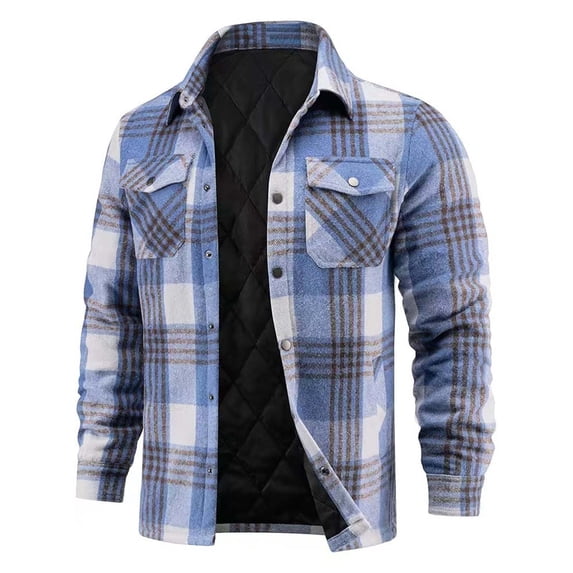 COSFO Men Jackets Work Plaid Warm Quilted Shirts Jacket Long Sleeve with Pockets Turndown Colla Button Down Coats for Men