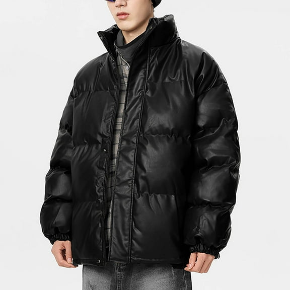 COSFO Men Puffer Jacket Black Full Zip Casual Faux Leather Windbreaker Long Sleeve Loose Fit Outdoor Stand Colla with Pockets Mens Winter Coats