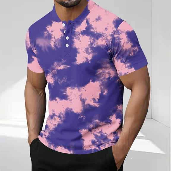 COSFO Men Shirts Casual Henley Short Sleeve Tops Loose Tie Dye Button Pullover Mens Graphic Tees