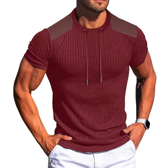 COSFO Men Shirts Cotton Ribbed Knit Short Sleeve Red Shirts Summer Slim Fit Crew Neck Workout Pullover Tops