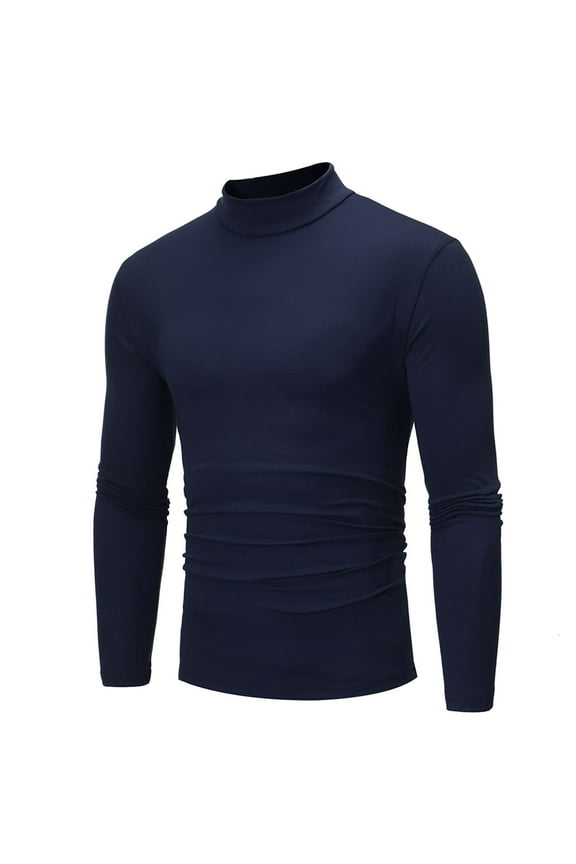 Men Shirts Mock Neck Blue Long Sleeve Casual Pullover Solid Slim Tshirts Shirts for Men