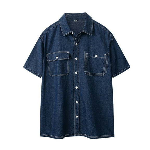 COSFO Men Short Sleeve Button Down Casual Collared Solid Tops Regular with Pocket Men Denim Shirts
