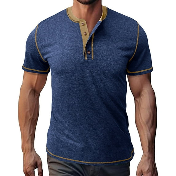 COSFO Men T Shirts Short Sleeve Casual Solid Henley Tops Loose Pullover Button Classic T-Shirt