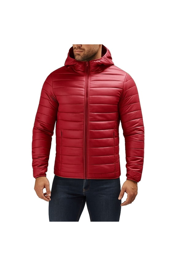 Men Winter Puffer Jacket Red Lightweight Hooded Full Zip Up Windbreaker Long Sleeve Outdoor Windproof Mens Coats