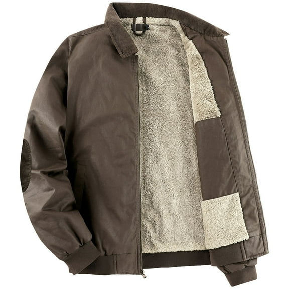 COSFO Men's Bomber Jacket Zip Up Fleece Lined Brown Solid Outerwear Long Sleeve Loose Fit Stand Collar Water Repellent with Pockets Mens Coats