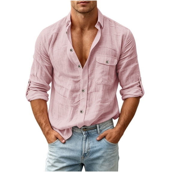 COSFO Men's Button Down Shirts Faux Linen Long Sleeve Casual Shirts Work Collared with Pocket Solid Classic Fit Men's Shirts