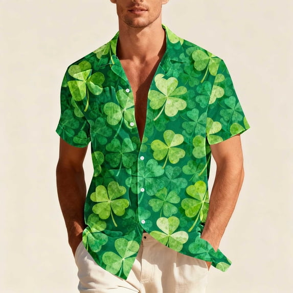 COSFO Men's Button Down Shirts St Patricks Day Funny Short Sleeve Tops Graphic Collared Relaxed Fit Mens Shirts