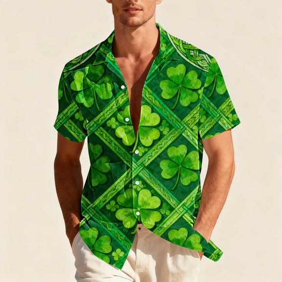 COSFO Men's Button Down Shirts St Patricks Day Funny Short Sleeve Tops Relaxed Fit Graphic Collared Mens Shirts