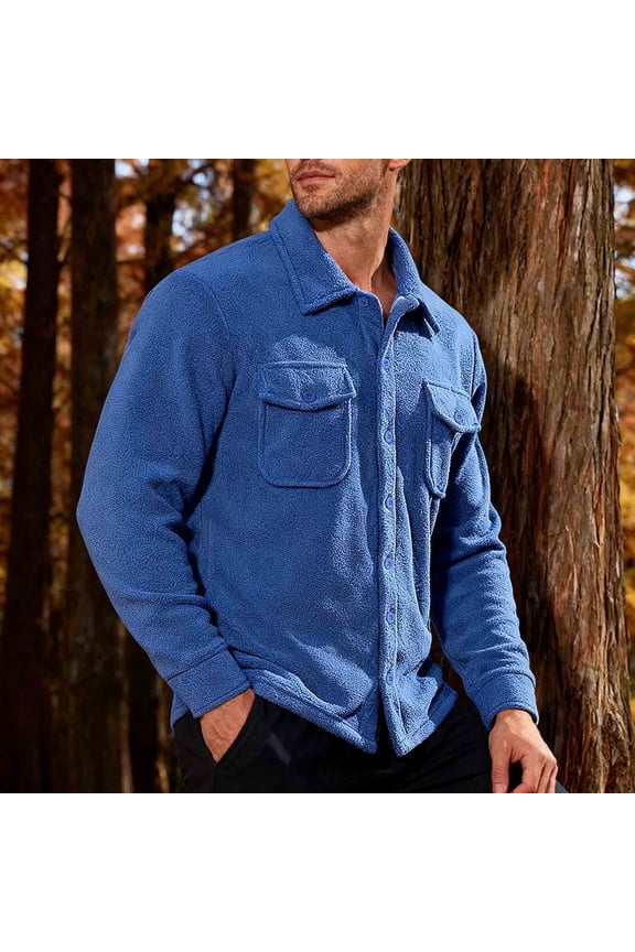 Men's Button Down Shirts Work Blue Collared Fleece Tops with Pocket Long Sleeve Loose Fit Tee Shirts Mens