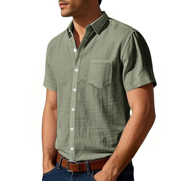COSFO Men's Button Down Short Sleeve Shirts Solid Collared Casual Tops Cotton Linen with Pocket Regular Men's Shirts