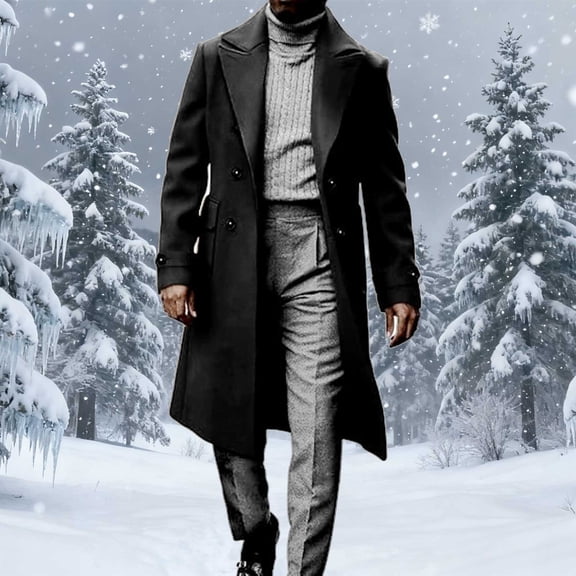 COSFO Men's Coat Double Breasted Black Fleece Winter Long Trench Coat Warm Collar Long Sleeve Outdoor Mens Jackets