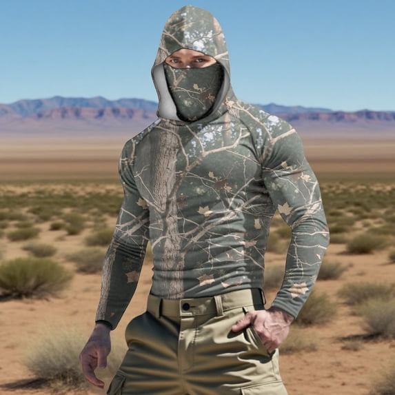 COSFO Men's Hoodies Camouflage Pullover Athletic Ice Silk Sun Protection Tops with Face Mask Hooded Slim Fit Long Sleeve Quick Dry Men's Shirts
