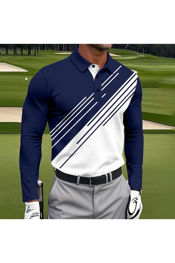 Men's Polo Shirts Quick Dry Graphic Long Sleeve Golf Casual Shirts Button with Pocket Slim Fit Collared Classic T-Shirt
