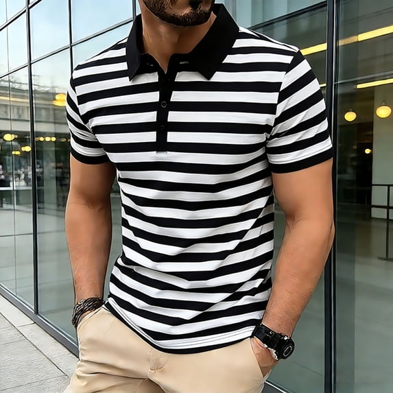 COSFO Men's Polo Shirts Short Sleeve Casual Golf Striped Graphic Tees Collared Pullover Performance Quick Dry Slim Fit Tops