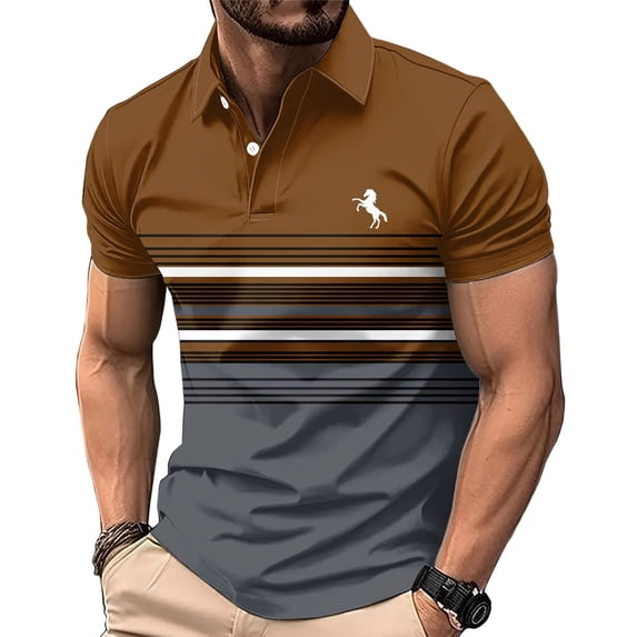 COSFO Men's Polo Shirts Short Sleeve Striped Mesh Summer Graphic Tees Performance Slim Fit Collared Pullover Moisture Wicking Tops