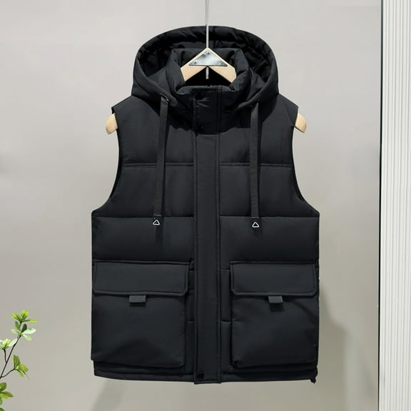 COSFO Men's Puffer Vest Black Full Zip Solid Outwear with Pockets Sleeveless Loose Fit Stand Collar Outdoor Mens Jackets