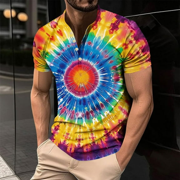 COSFO Men's Shirts Tie Dye Short Sleeve V Neck Casual Tops Loose Button Pullover Men's Graphic Tees